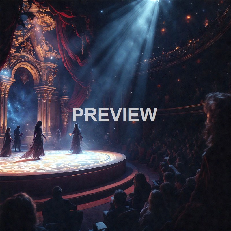 The image depicts a theatrical stage with a group of performers dressed in elegant gowns, illuminated by a spotlight, in an ornate theater with a large audience watching.